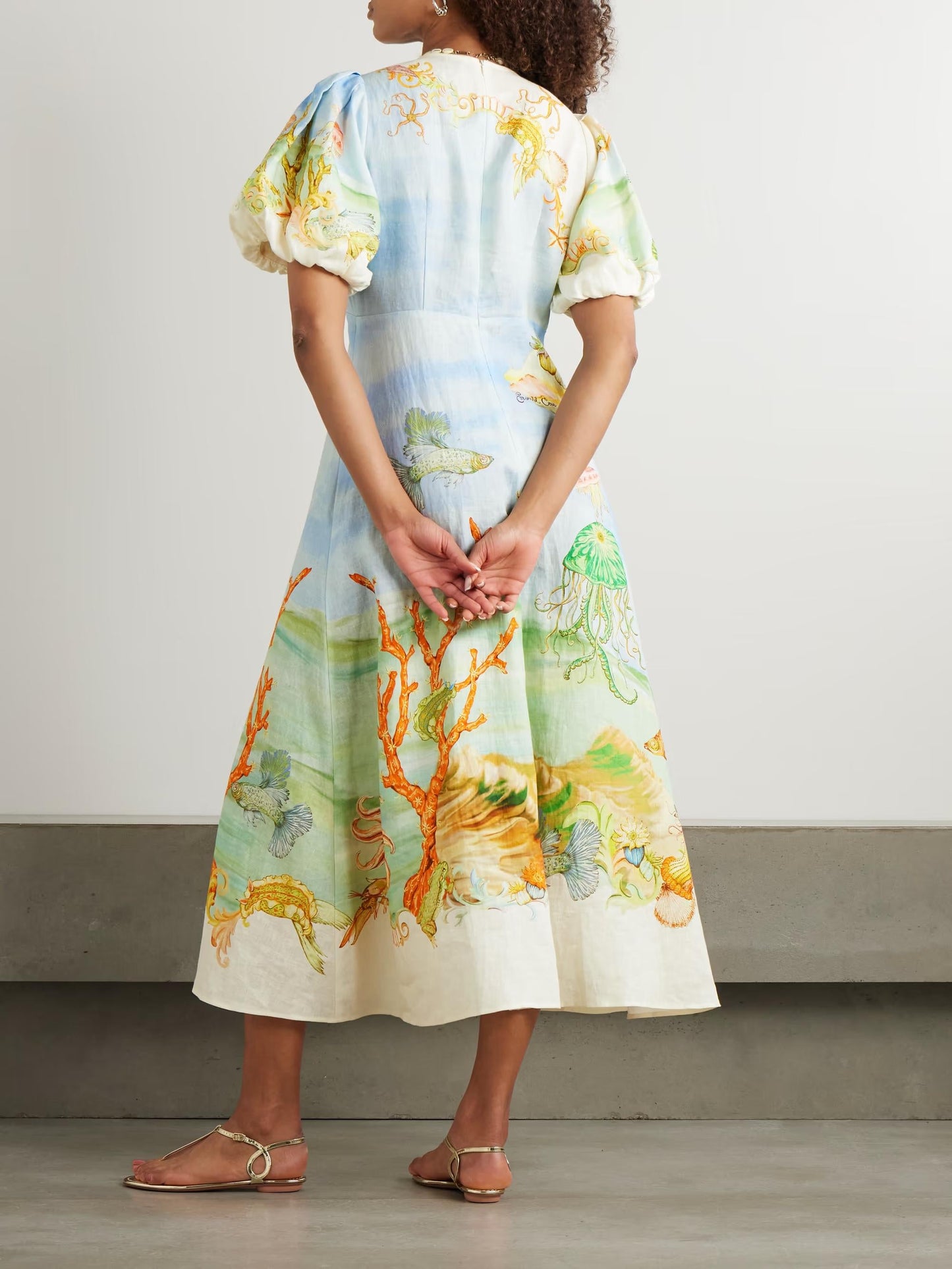Gathered Printed Linen-Gauze Midi Dress