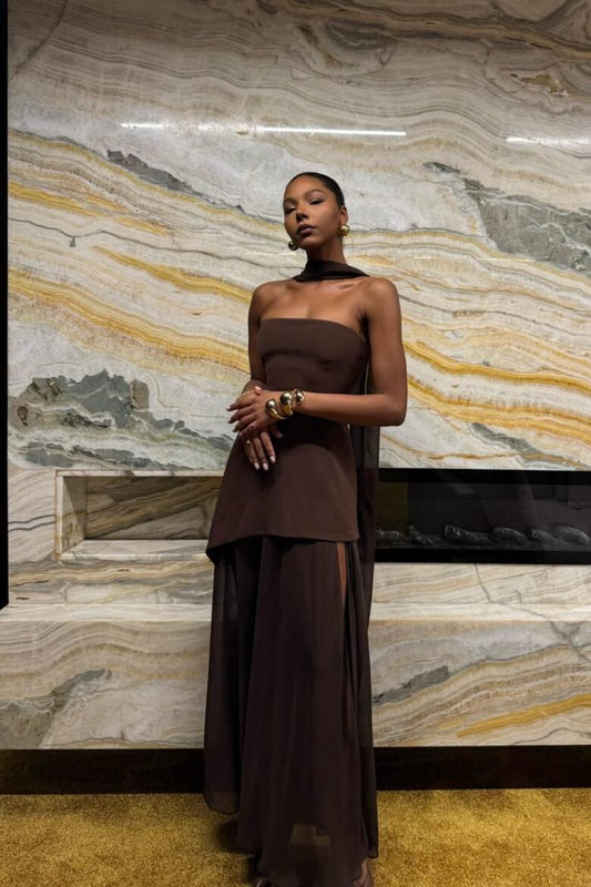 Strapless Halter Tie-Back Maxi Dress with Flowing Ribbons