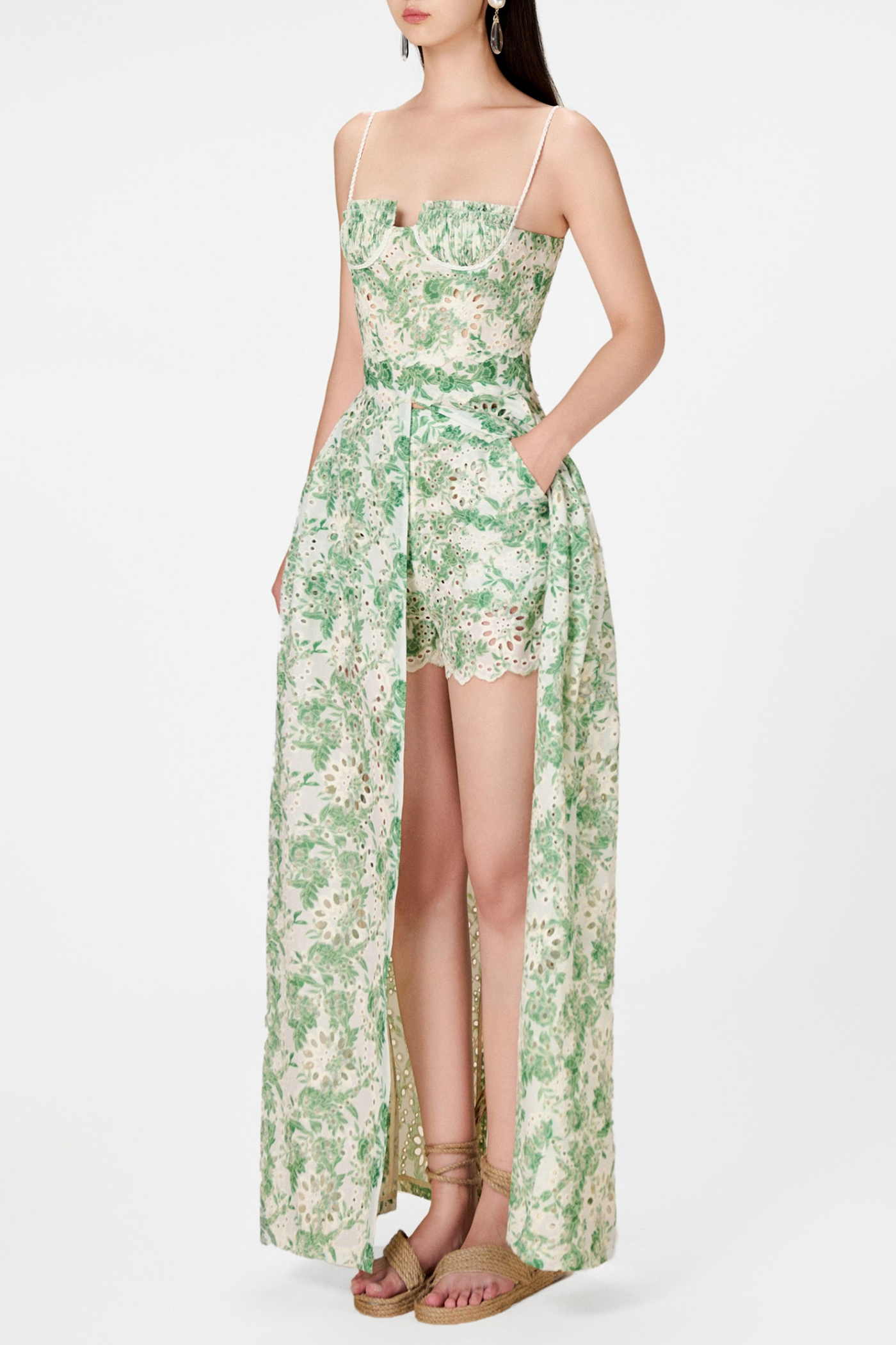 Abetzi Floral Embroidered Shorts & Maxi Dress Set - Green
