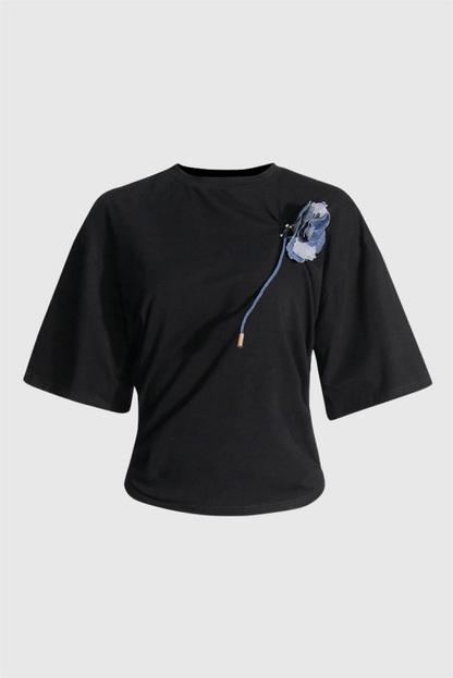 Adrienne Ruched Floral  T-shirt - Black