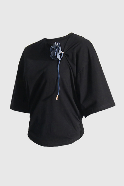 Adrienne Ruched Floral  T-shirt - Black