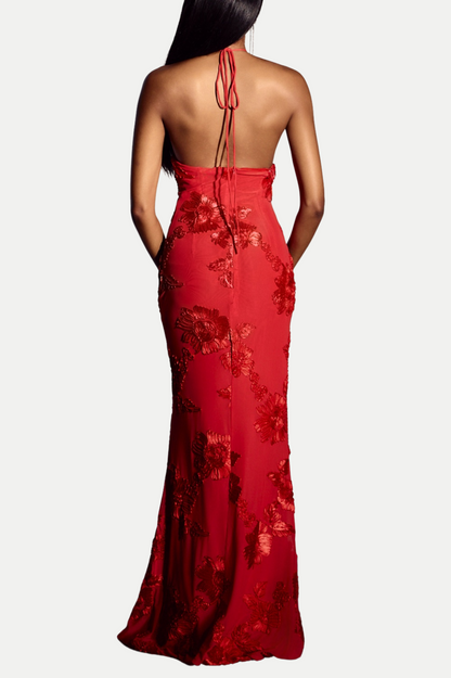 Aenkins Floral Halter Maxi Dress - Red