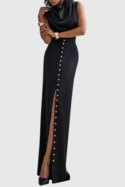 Airlie Satin Top & Buttoned Skirt Set - Black