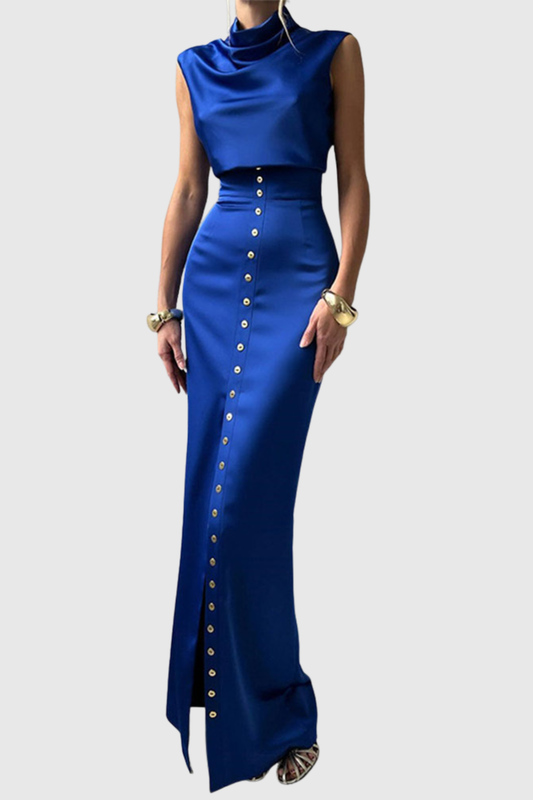 Airlie Satin Top & Buttoned Skirt Set - Blue