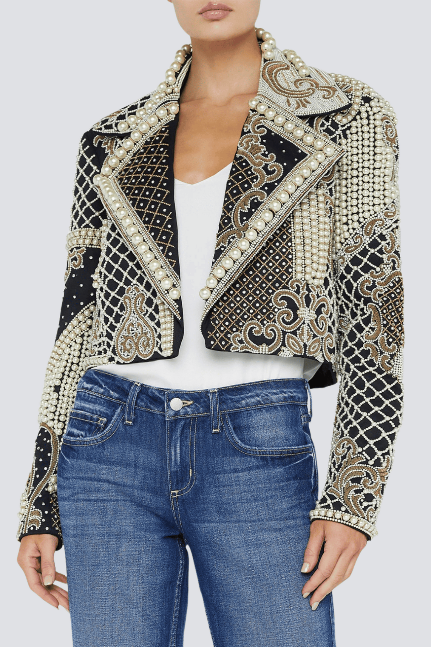 Akili Pearl Embellished Cropped Blazer