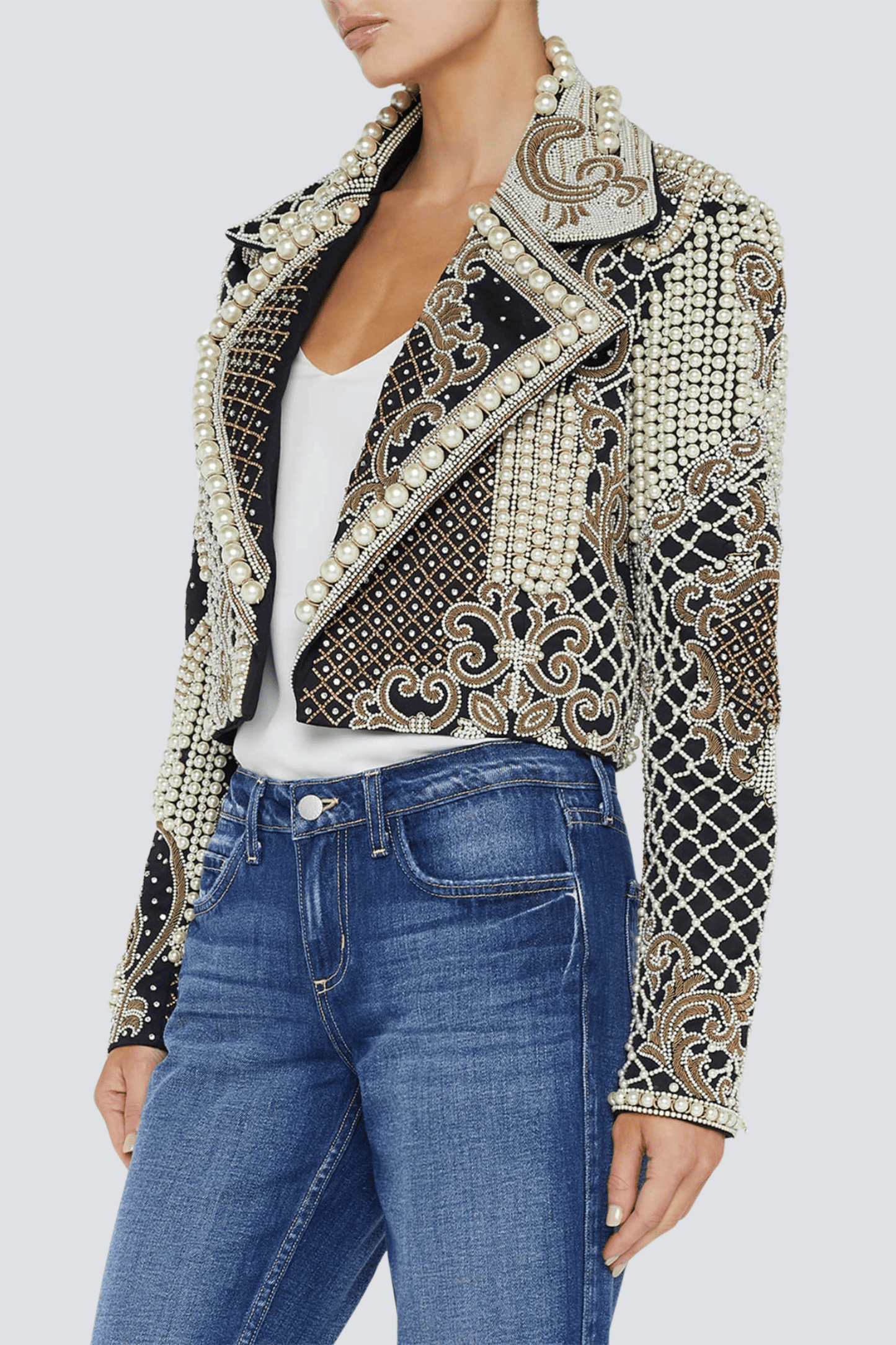 Akili Pearl Embellished Cropped Blazer