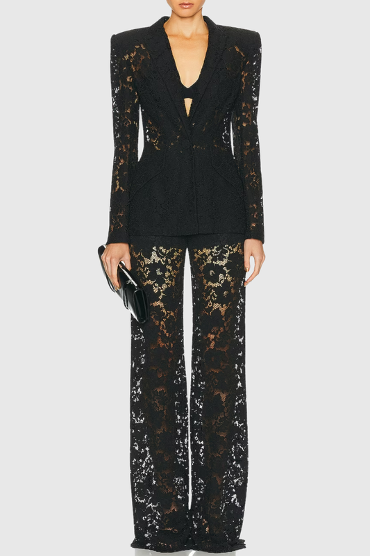 Albany Floral Lace Blazer & Pants Set - Black