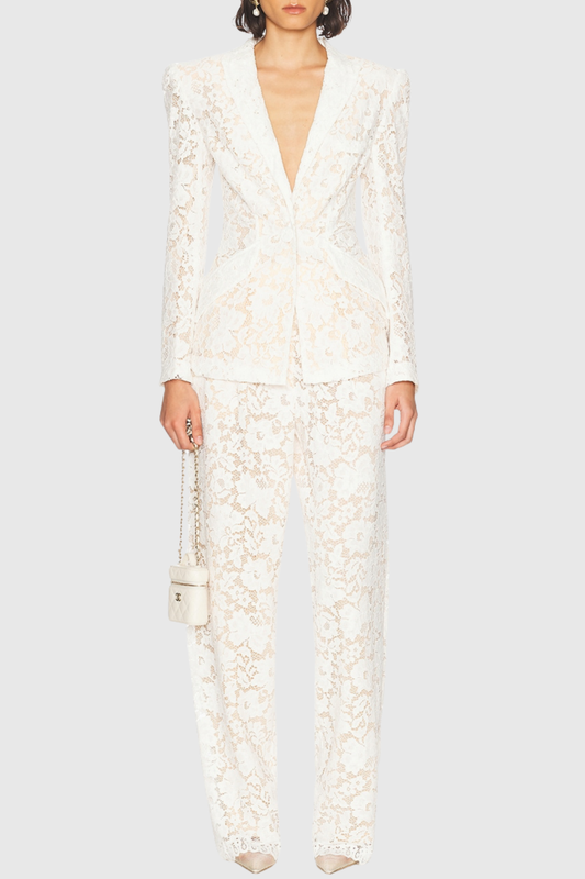 Albany Floral Lace Blazer & Pants Set - White