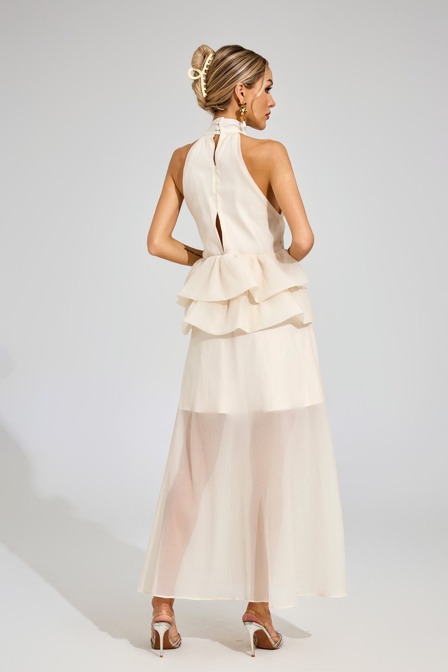 Allen Apricot Halter Maxi Ruffle Dress