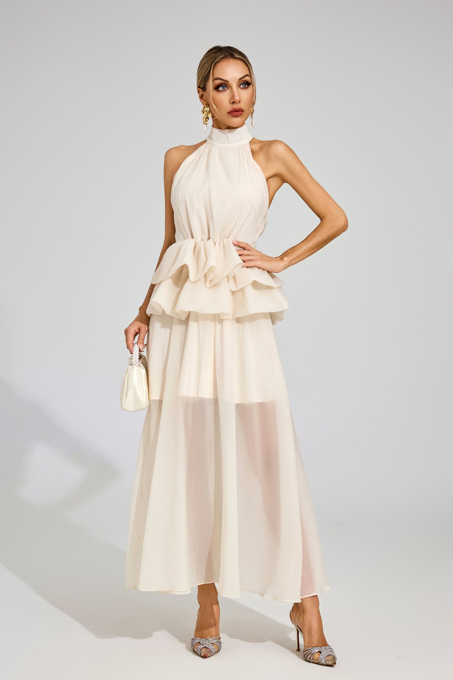 Allen Apricot Halter Maxi Ruffle Dress