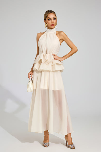 Allen Apricot Halter Maxi Ruffle Dress