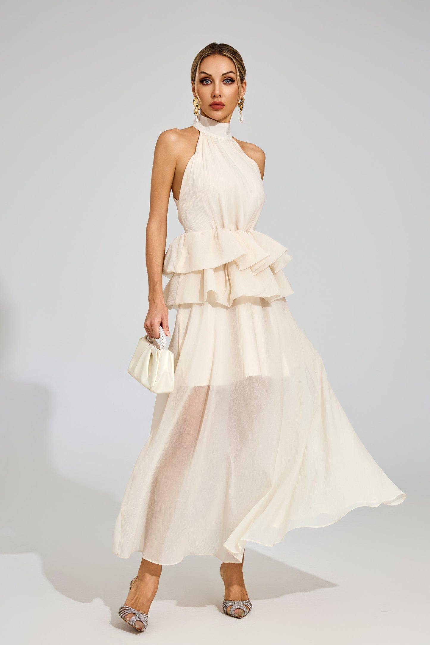 Allen Apricot Halter Maxi Ruffle Dress