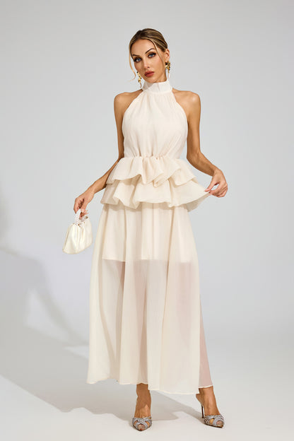 Allen Apricot Halter Maxi Ruffle Dress