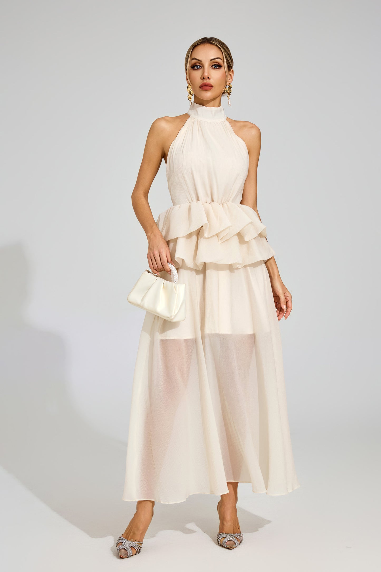 Allen Apricot Halter Maxi Ruffle Dress