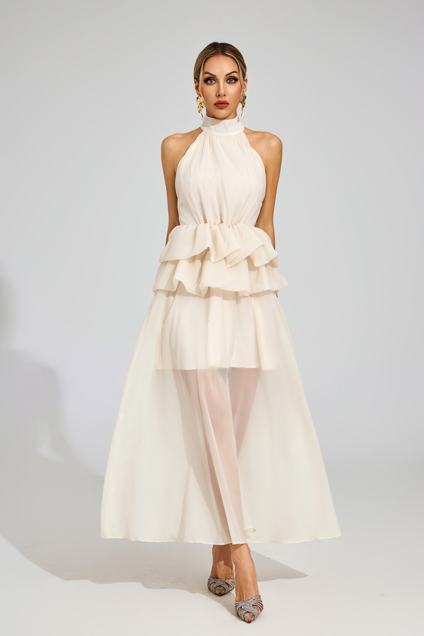 Allen Apricot Halter Maxi Ruffle Dress