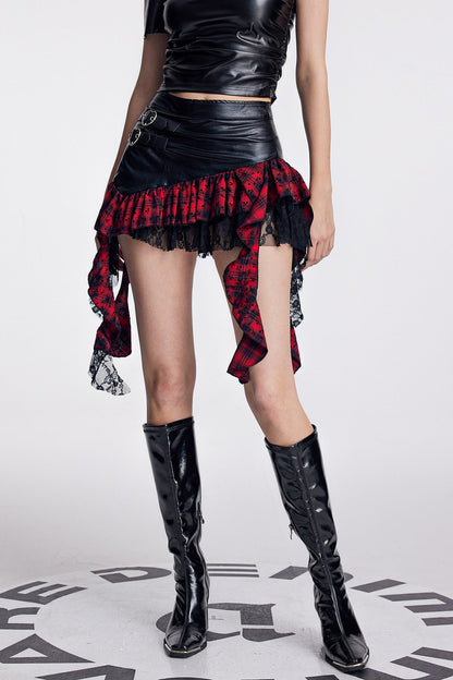 Amund Asymmetric Deconstruct Grid Leather Skirt