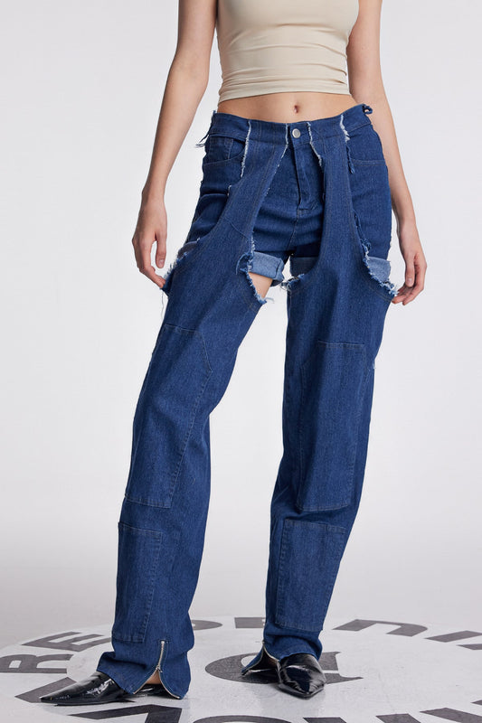 Anahi Deconstruct Asymmetric Fringe Jeans In Dark Wash