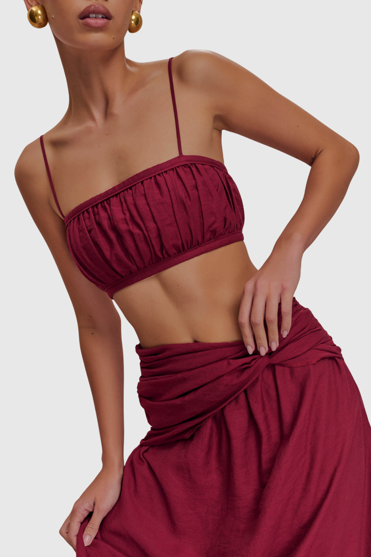 Annike Ruched Top & Knot Maxi Skirt Set - Wine