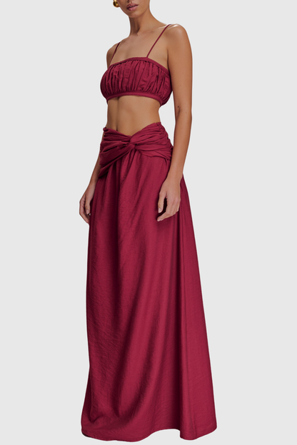 Annike Ruched Top & Knot Maxi Skirt Set - Wine