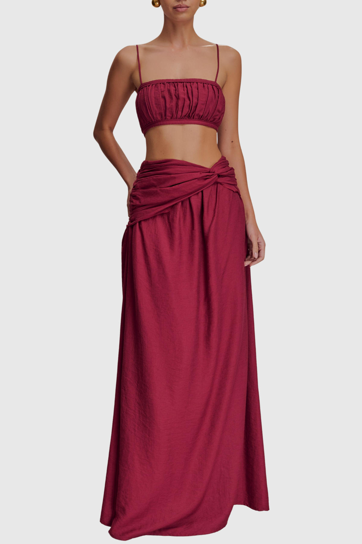 Annike Ruched Top & Knot Maxi Skirt Set - Wine