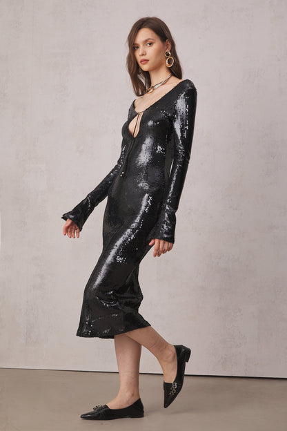 Aoibhe Long Sleeve Sequin Backless Midi Dress In Black