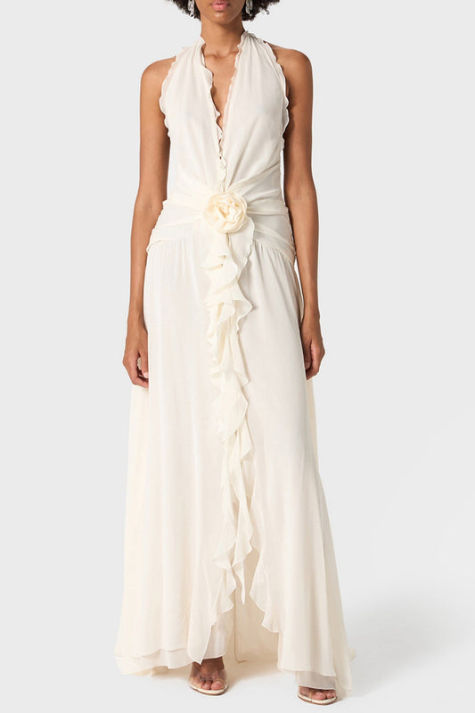 Aonaver Floral Ruffle Halter Maxi Dress - White