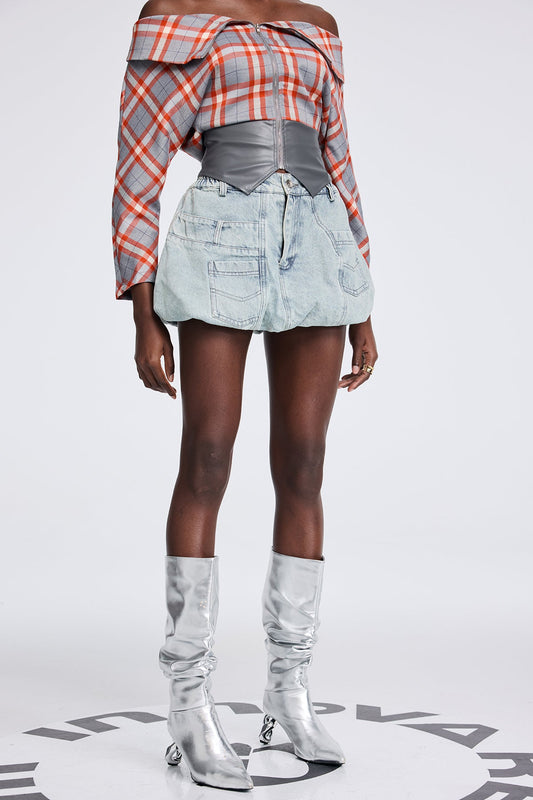 Apichu Asymmetric Pocket Short Denim Skirt
