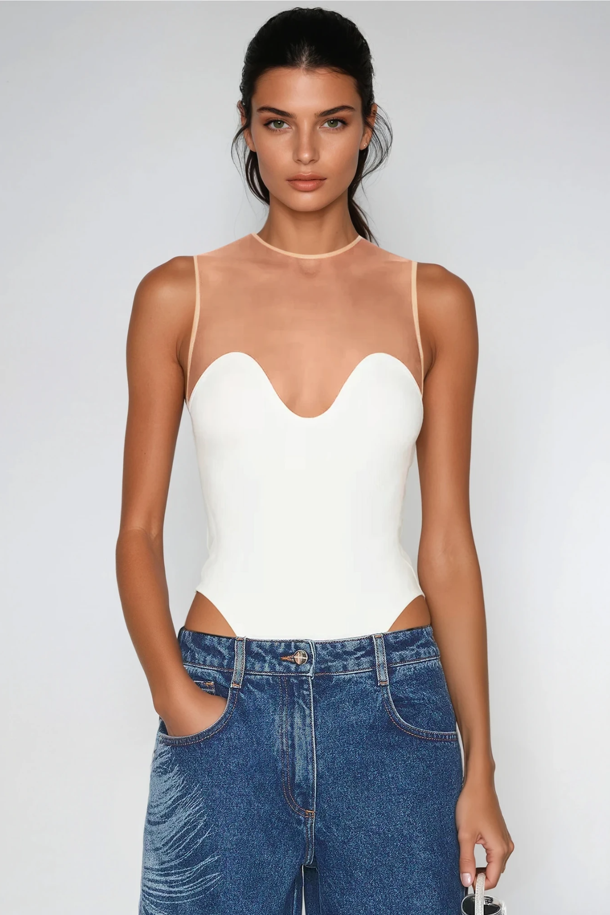 Aquamarine Sleeveless Mesh Bodycon Bodysuit In White