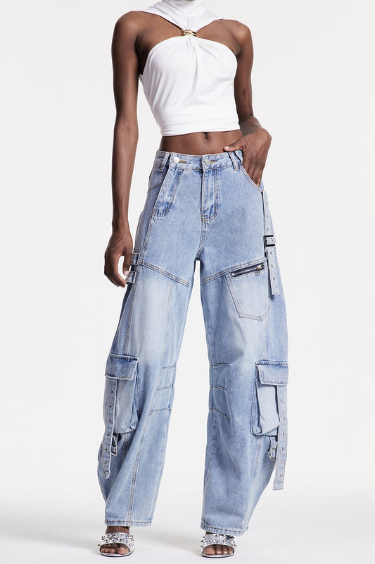 Arella Asymmetric Buckle Barrel Cargo Jeans In Blue