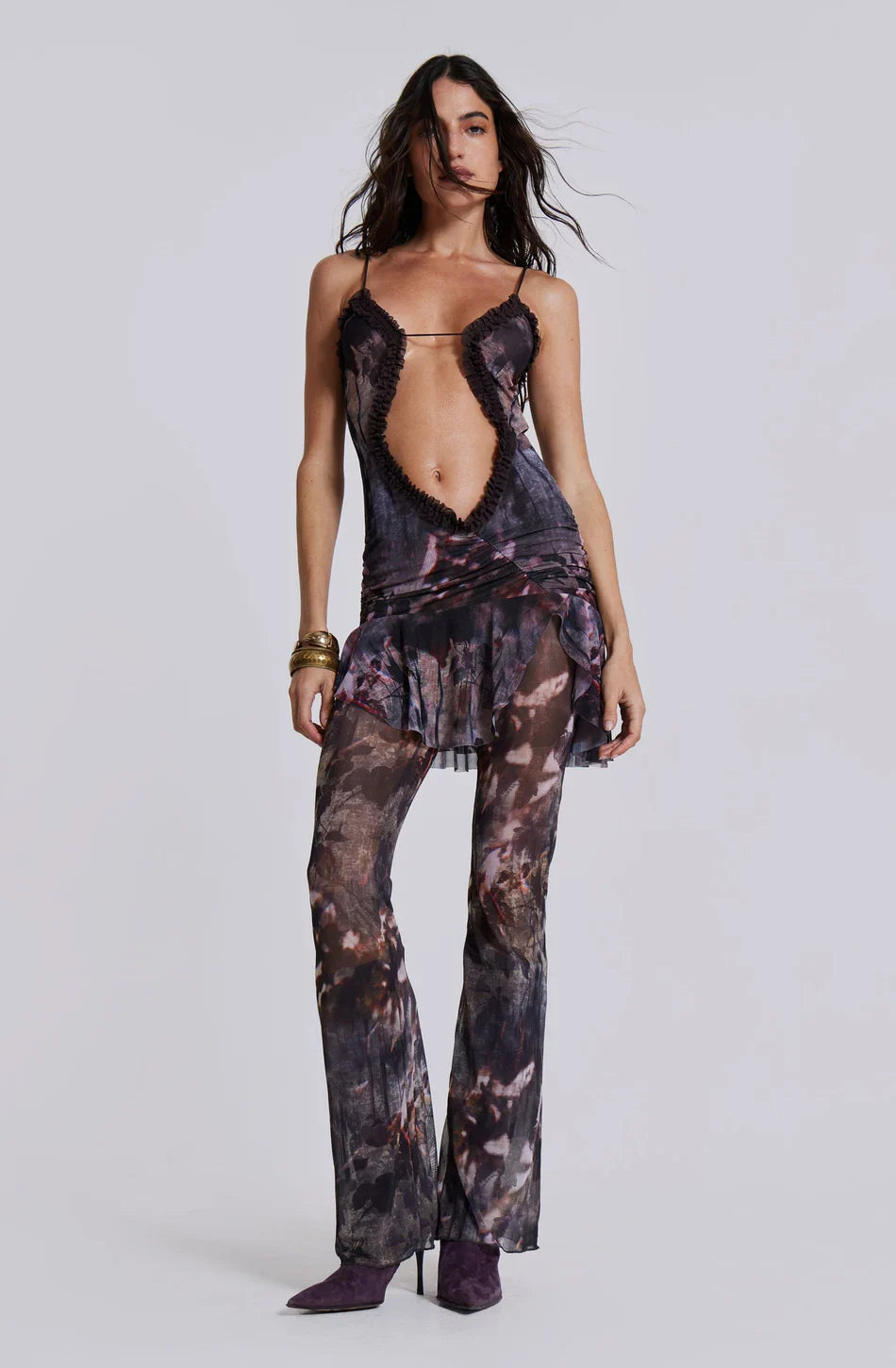 Arianna Printed Mesh Mini Dress - Grey