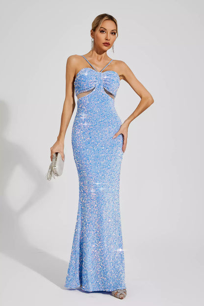 Artemis Blue Sequins Halter Dress