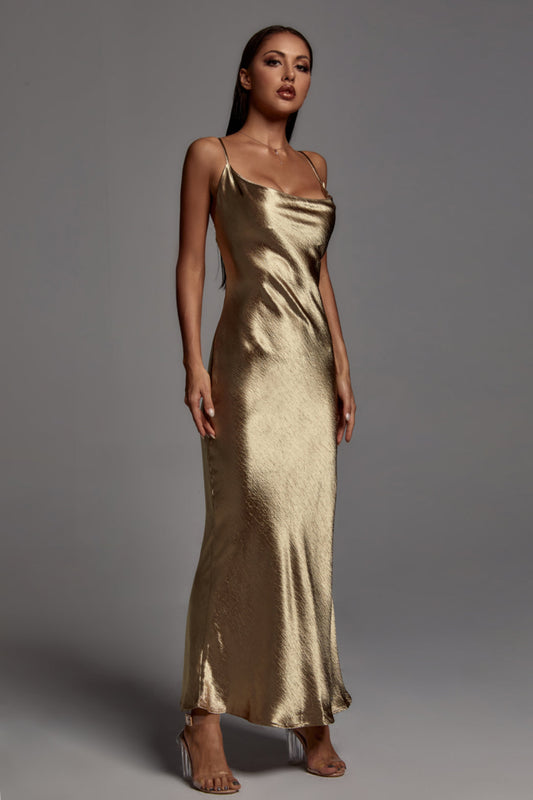 Aubrey Metallic Golden Maxi Dress
