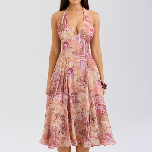 Casual Waist Controlled Slim Fit Slimming Paisley Halter Backless Dress