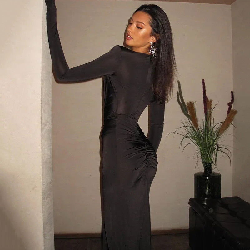 Deep V Plunge neck Long Sleeve High Slit Maxi Dress