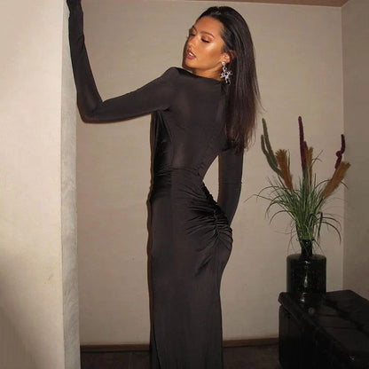 Deep V Plunge neck Long Sleeve High Slit Maxi Dress