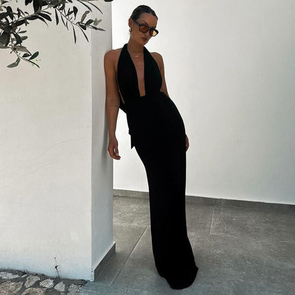 Elegant Black White Slim Halter Maxi Dress One Shoulder Backless Dress