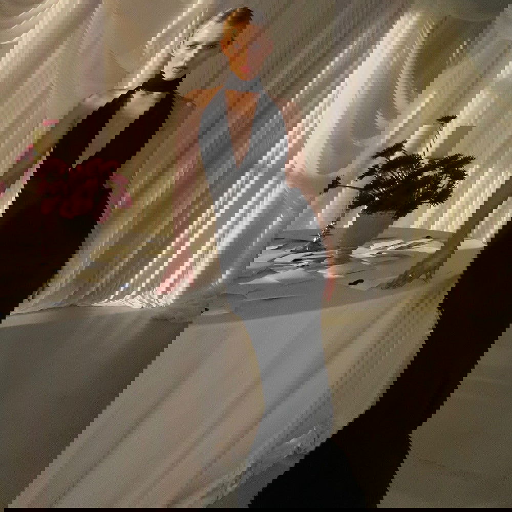 Elegant Black White Slim Halter Maxi Dress One Shoulder Backless Dress