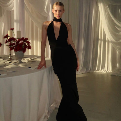 Elegant Black White Slim Halter Maxi Dress One Shoulder Backless Dress