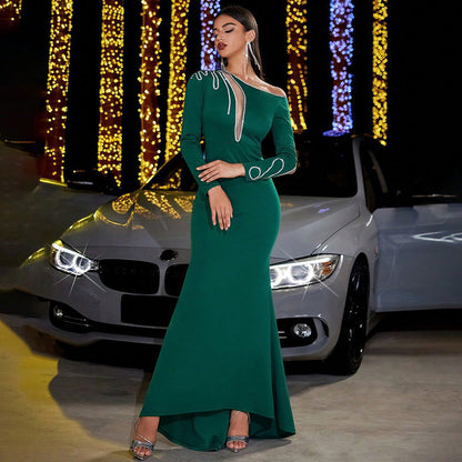 Dress Sequin Stitching Slim Sheath Party Long Sleeve Evening Dress