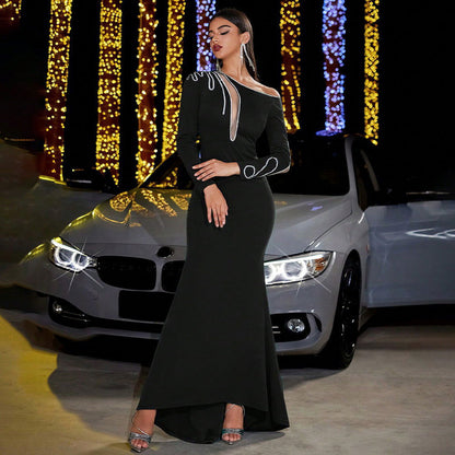 Dress Sequin Stitching Slim Sheath Party Long Sleeve Evening Dress