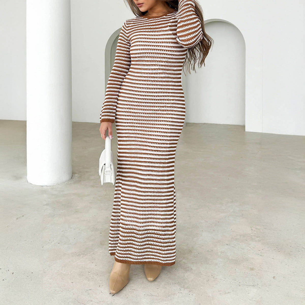 Dress Casual Contrast Color Striped Long Sleeve Dress Sweater