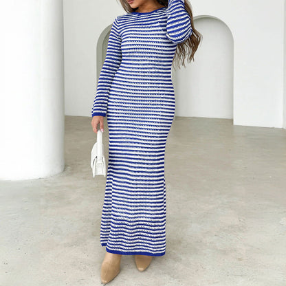 Dress Casual Contrast Color Striped Long Sleeve Dress Sweater