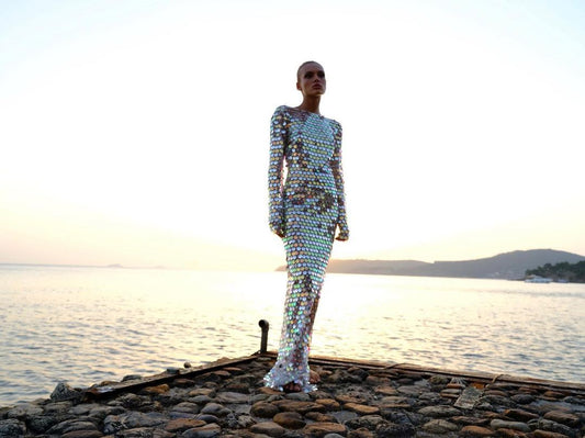 High End Sequined Light Luxury One Shoulder Dress Cocktail Host Annual Meeting