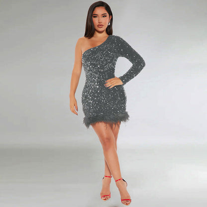 Hip Shoulder Single Side Long Sleeve Sequined Feather Dress