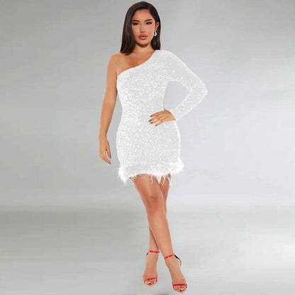 Hip Shoulder Single Side Long Sleeve Sequined Feather Dress