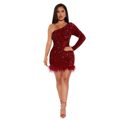 Hip Shoulder Single Side Long Sleeve Sequined Feather Dress