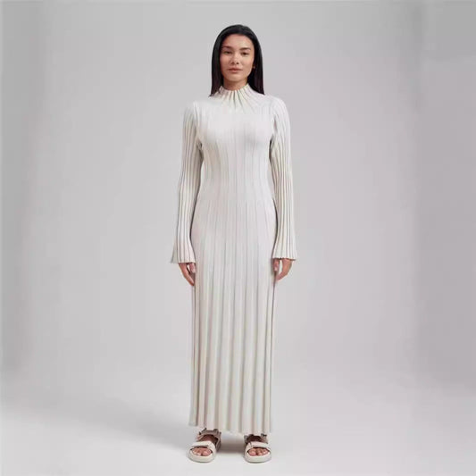 Knitted Dress Casual Waist Tight round Neck Large Pit High Collar Slimming Knitted Maxi Dress for