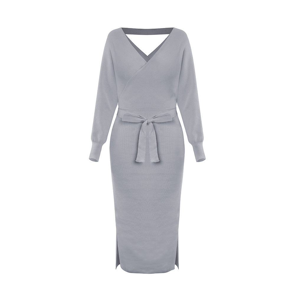 Knitted Dress Slim Double V neck Sweater Dress
