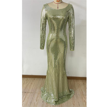 Slim Fit Long Sleeved Mopping Party Cocktail Sequined Evening Dress