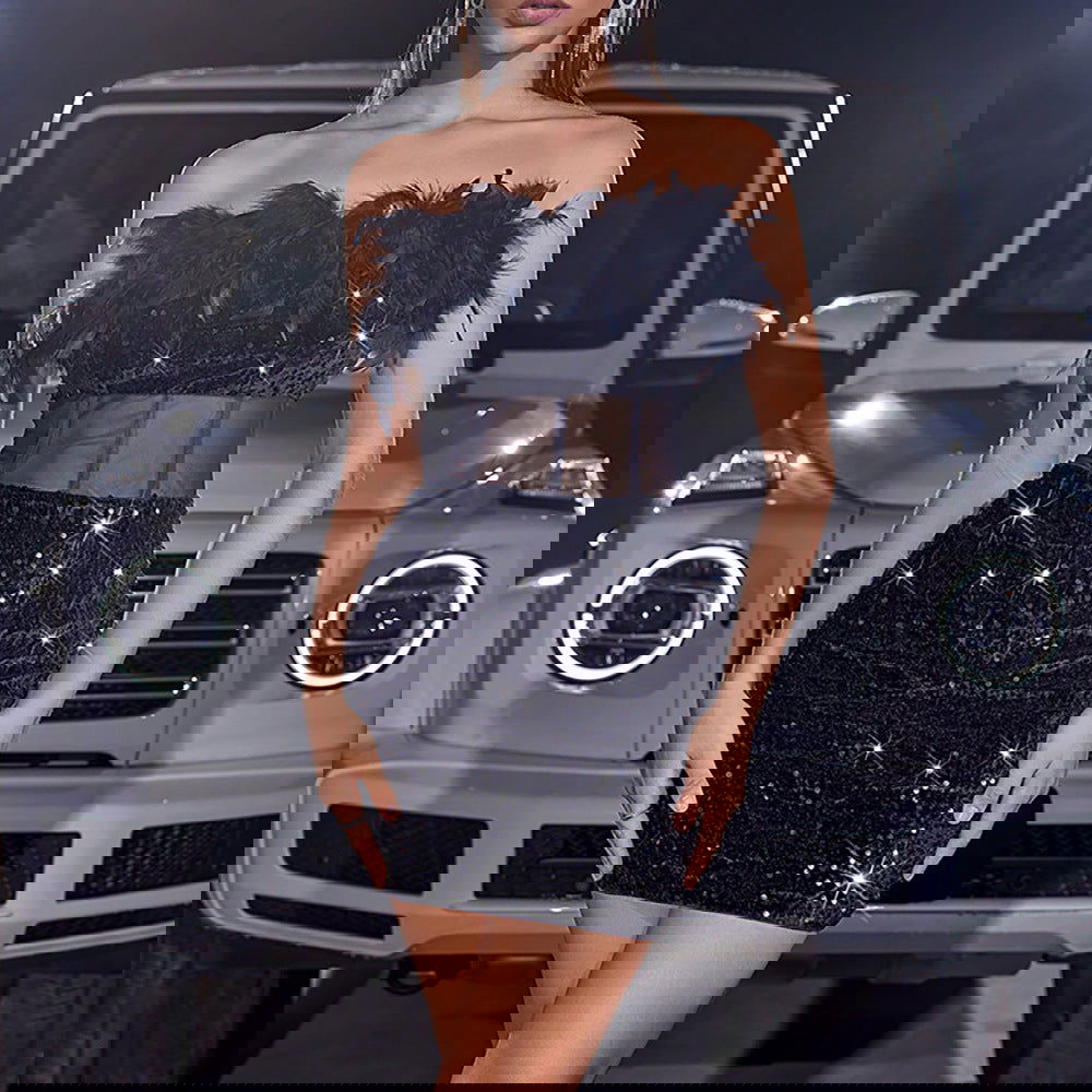 Velvet Sequined Feather Cocktail Hip Tube Top Dress